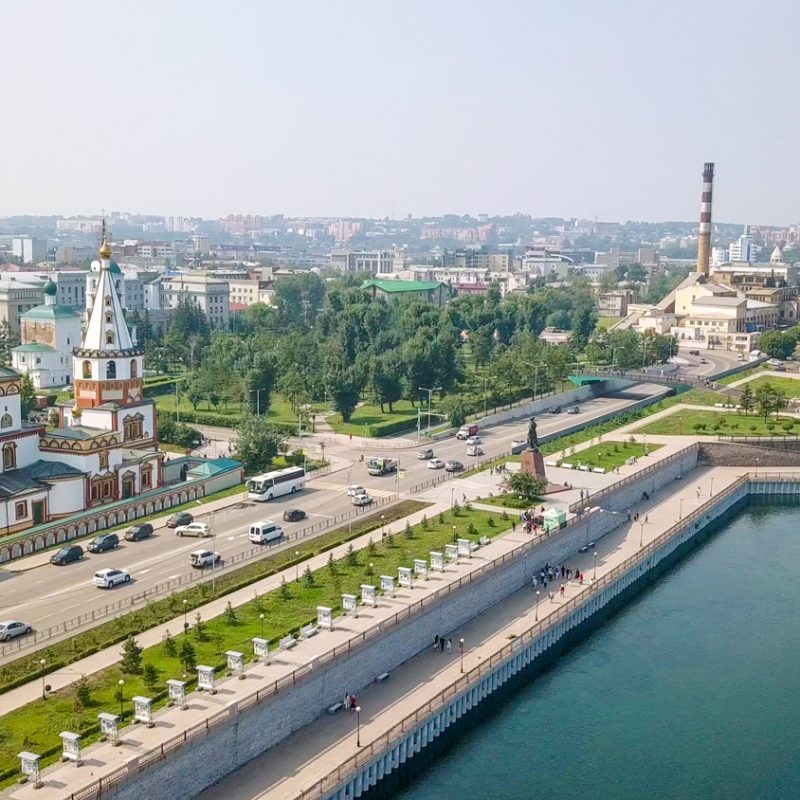 Russia, Irkutsk. Cathedral of the Epiphany. Embankment of the Angara River, Monument to the Founders of Irkutsk. The text on the Russian - Irkutsk, From Dron