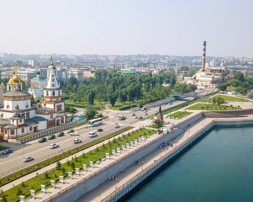Russia, Irkutsk. Cathedral of the Epiphany. Embankment of the Angara River, Monument to the Founders of Irkutsk. The text on the Russian - Irkutsk, From Dron